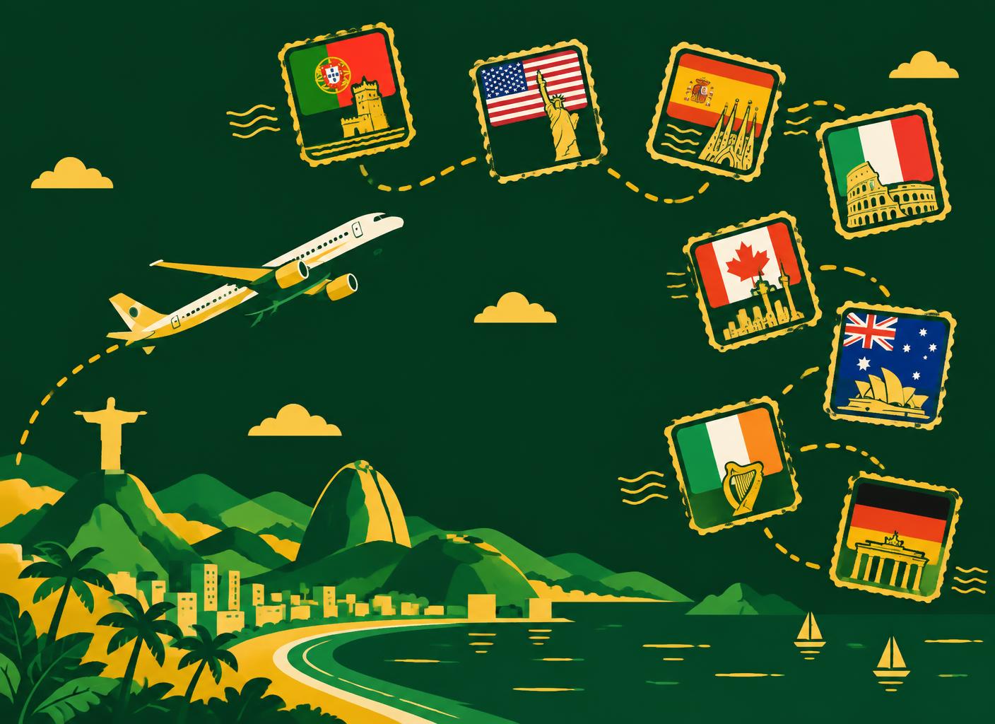 Avião saindo do Brasil em direção a bandeiras de outros países